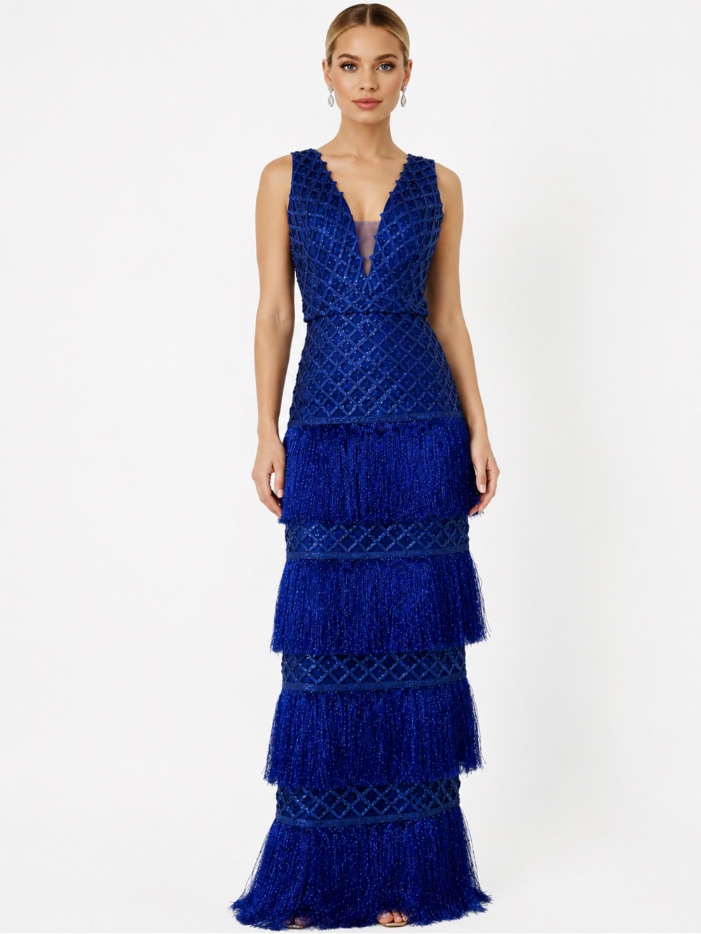 BOLA3 Asake Blue Fringe V-Neck Evening Dress